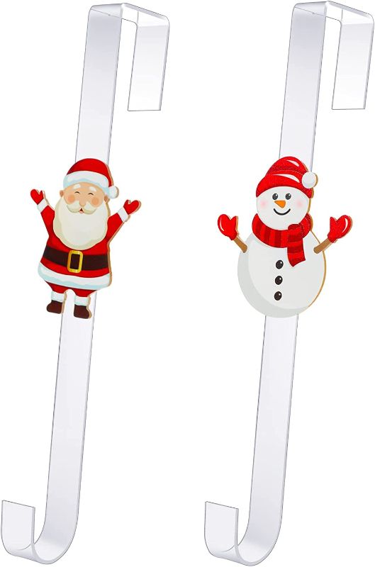 Photo 1 of 15 Inch Christmas Wreath Hangers for Front Door 2 Pack Cartoon over the Door Hooks Clear Acrylic Wreath Door Hanger Santa Snowman Slim Hangers Organizer for Winter Party Indoor Outdoor Decoration
