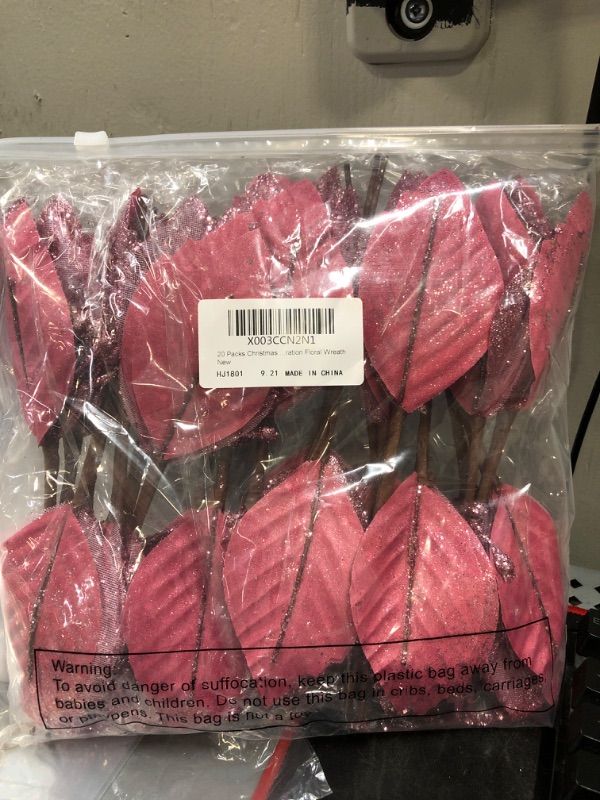 Photo 2 of 20 Packs Christmas Glitter Poinsettia Christmas Tree Ornaments Poinsettia Flowers Picks Pink Poinsettias Artificial Christmas Flowers for Holiday Wedding Decoration Floral Wreath