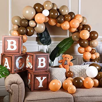 Photo 1 of 119 Pcs Baby Shower Boxes for Birthday Party Decorations with Brown Balloon Arch Garland Kit and 16 Inch Bear Stuffed Animal, Baby Shower Decor Brown Balloons for Baby Shower, Gender Reveal Supplie