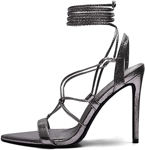 Photo 1 of DELONIX REGIA Lace up Heels for Women Sexy Strappy Stiletto High Heeled Sandals Pointed Toe Tie up Heels Dress Shoes Pewter Metallic- SIZE 9 -