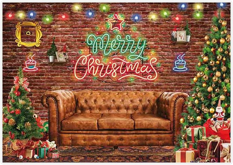 Photo 1 of Allenjoy 7x5ft Merry Christmas Friends Backdrop Photography Rustic Brick Wall Background Xmas Tree Eve Retro Pub Party Supplies Decoration Banner Portrait Photo Booth Studio Props
