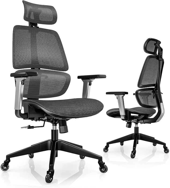 Photo 1 of  High-Back Office Chair, Swivel Ergonomic Task Chair with Adjustable Headrest and Arms, Lumbar Support and PU Wheels, Computer Mesh Chair for Home Office, 