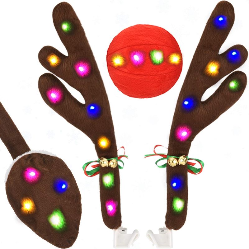 Photo 1 of 
EALEBE Kooboe Car Reindeer Antlers & Nose Decorations, Christmas Antlers Car Kit with LED Lights Jingle Bell Nose and Tail for Truck, Decorate Any...