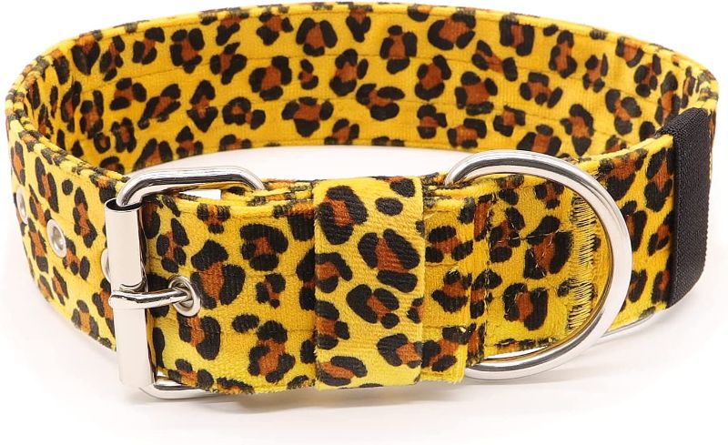 Photo 1 of 2.0" Combat Dog Collar, Soft Double-Sided Velvet, Stainless Steel D Loop and Eyelets, Soft Quick-Drying Neoprene Lining, Comfortable Adjustable Tactical Collar(M: 20-23", Yellow Leopard Print)