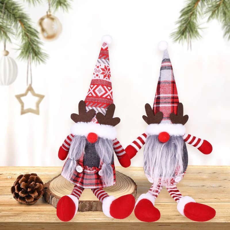 Photo 1 of 2 Pack Christmas Gnomes Decorations Handmade Santa Gnomes Plush Swedish Tomte Elf Ornaments Scandinavian Christmas Decorations Indoor Home Decor for Shelf Table Fireplace Christmas Tree Xmas Gif