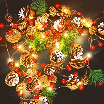 Photo 1 of 10FT 30 LED Christmas Garland String Light with Pinecone Bell Berry Pine Needles, Christmas Decoration Fairy Light Battery Operated for New Year Thanksgiving Holiday Home Fireplace Mantel Decor