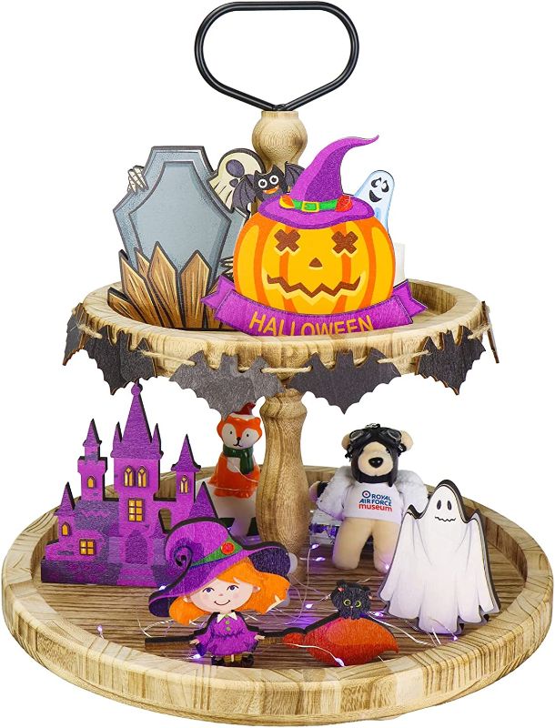 Photo 1 of 12 Pcs Halloween Tiered Tray Decorations Set with LED Light Happy Halloween Wooden Signs Decor Farmhouse Tray Sets for Kitchen Home Table Mini Decor Holiday Party Supplies