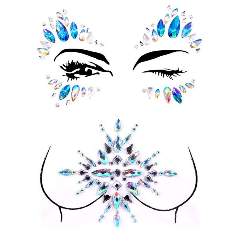 Photo 1 of 2 Packs Rhinestone Face Breast Body Jewels Festival Rave,Mermaid Face Gems Glitter, Self-adhesive Eyes Eyebrow Bindi Tears Breast Chest Body Rainbow Crystal Acrylic Diamond Temporary Tattoo Stickers, 3 COUNT 