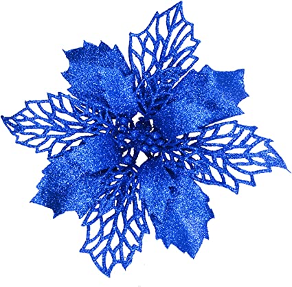 Photo 1 of 24 Pcs Christmas Blue Glittered Mesh Holly Leaf Artificial Poinsettia Flowers Picks Tree Ornaments 5.9" W for Blue Christmas Tree Wreath Garland Floral Gift Wedding Holiday Winter Decoration