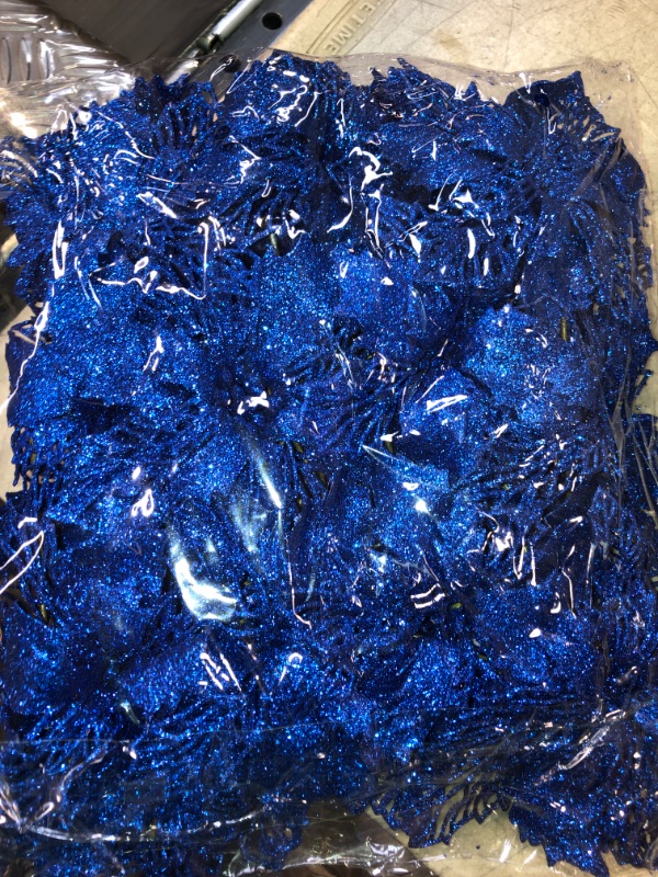 Photo 2 of 24 Pcs Christmas Blue Glittered Mesh Holly Leaf Artificial Poinsettia Flowers Picks Tree Ornaments 5.9" W for Blue Christmas Tree Wreath Garland Floral Gift Wedding Holiday Winter Decoration