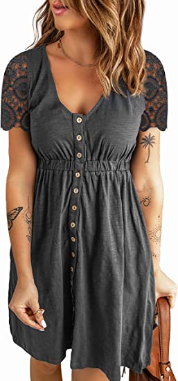 Photo 1 of BLENCOT Women's Casual V Neck Lace Short Sleeves Dress Summer Button Down A-Line Swing Tank Dresses Gray , SIZE M 