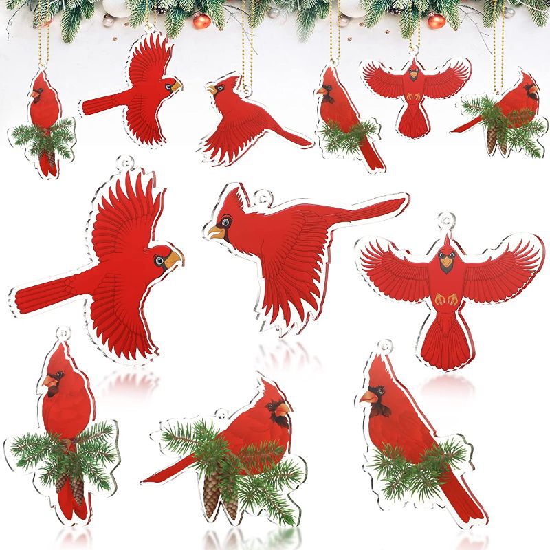 Photo 1 of 12 PCS Christmas Cardinals Ornaments Acrylic Red Cardinal Christmas Tree Ornaments Memorial Gifts Xmas Hanging Ornaments Garden Lawn Wreath Craft Decorations