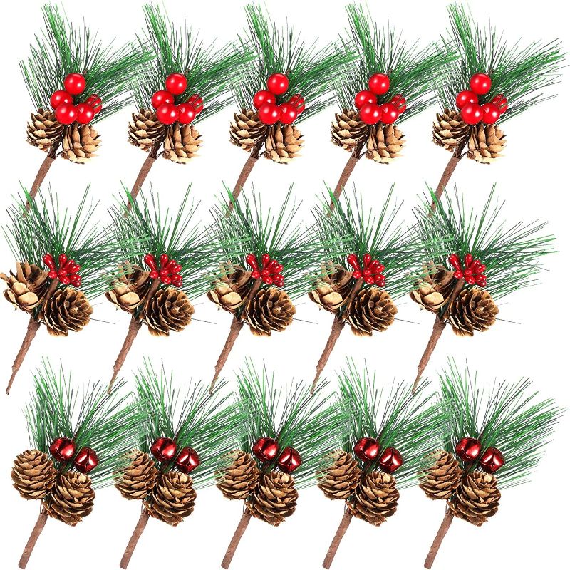 Photo 1 of 15 Pieces Artificial Pine Picks Christmas Ornaments Fake Red Small Berries Pinecones Pine Branches Decorations Christmas Bead Bell Pine Pick Decorations for Christmas Wreath Winter Decor