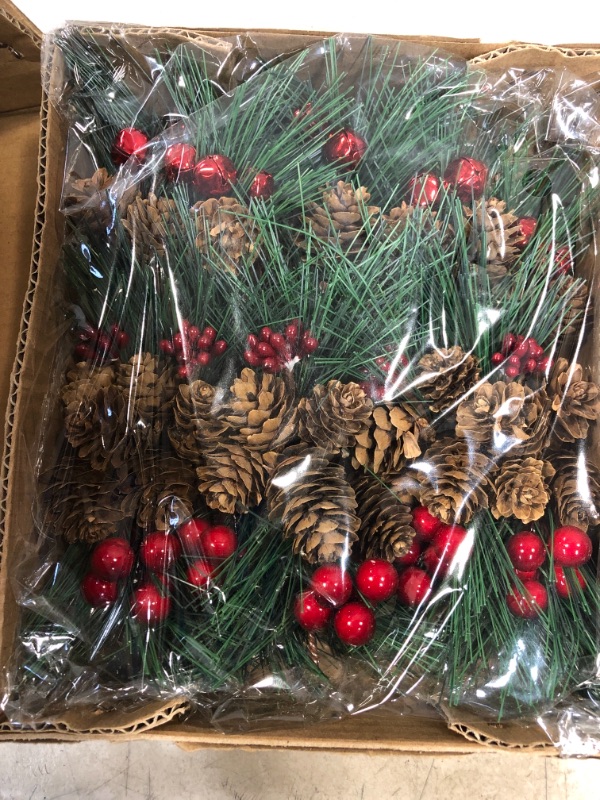 Photo 2 of 15 Pieces Artificial Pine Picks Christmas Ornaments Fake Red Small Berries Pinecones Pine Branches Decorations Christmas Bead Bell Pine Pick Decorations for Christmas Wreath Winter Decor