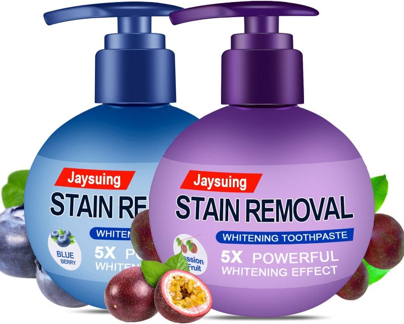 Photo 1 of 2PCS Stain Removal Gel Toothpaste,Baking Soda Toothpaste,Fresh Breath Oral Care Fight Bleeding Gums,Power Cleaning Natural Stain Removal Whitening Toothpaste (Blueberry+Passion Fruit)
