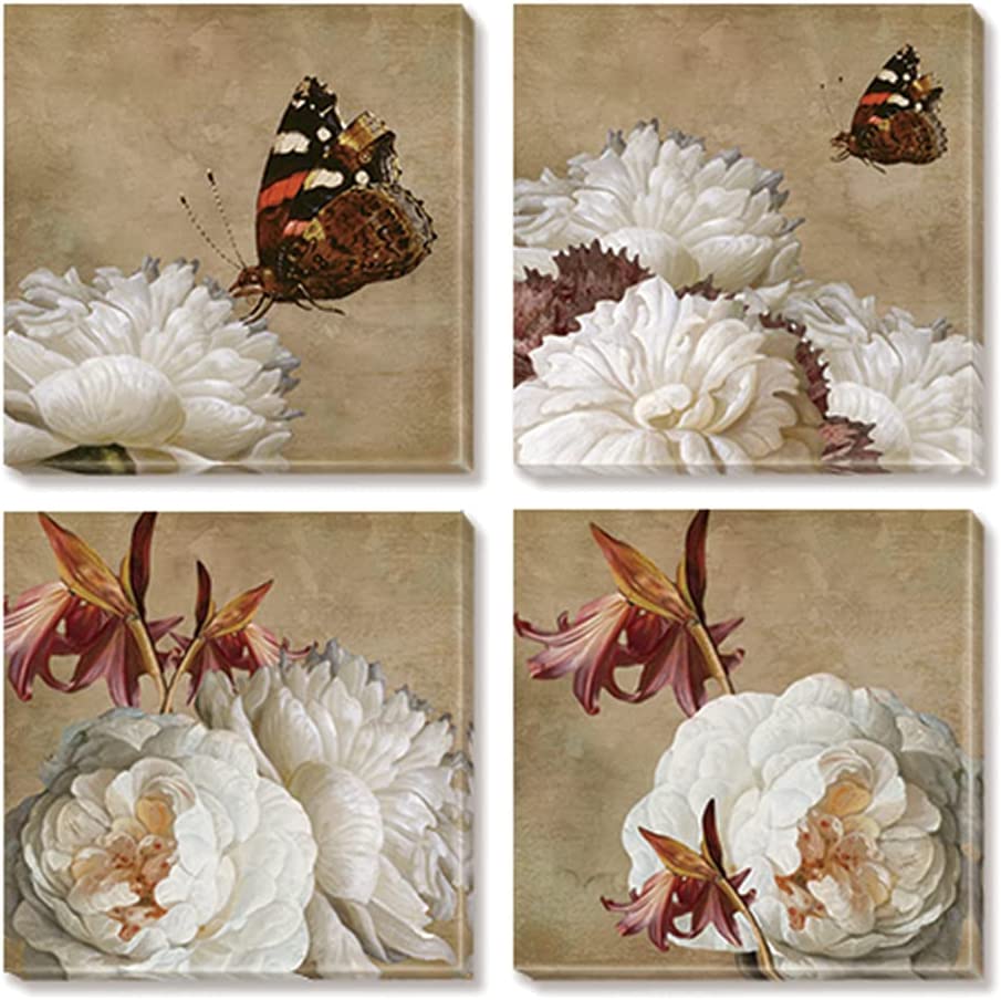 Photo 1 of Abstract Flower Wall Art Canvas Prints 4 Pieces Vintage White Peony Flower Painting Pictures with Butterfly Blossom Florals Artwork for Living Room Bathroom 12"x12"
