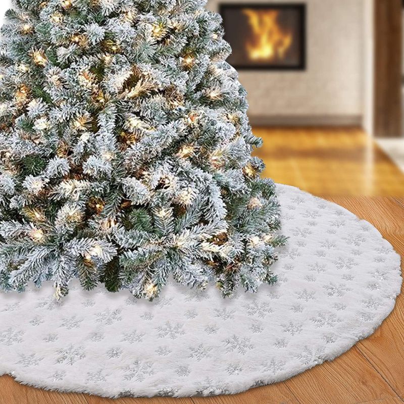 Photo 1 of 48inch Christmas Tree Skirt,Tree Skirt Christmas Decorations ,Luxury Faux Fur with Sequin Snowflakes, Thick Plush Tree Skirts for Christmas Tree Oranments
