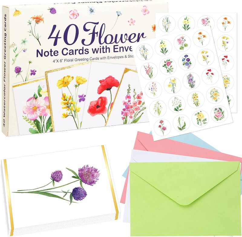 Photo 1 of 40 Gold Foil Frame Flower Cards Watercolor Floral Blank Greeting Cards All Occasion Note Cards with Envelopes and Stickers
