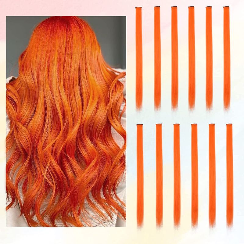 Photo 1 of 12 Pcs Colored Hair Extensions, BARSDAR Clip in 21 inch Orange Straight Hair Extensions Multicolor Party Highlights for Kids Women's Gifts
