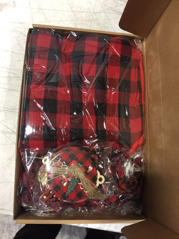 Photo 2 of 14 Pcs Christmas Decorations Buffalo Plaid Christmas Tree Topper Bow Christmas Tree Skirt and 12 Pcs Christmas Wooden Hanging Ornaments Red Truck Xmas Decor (Red and White)