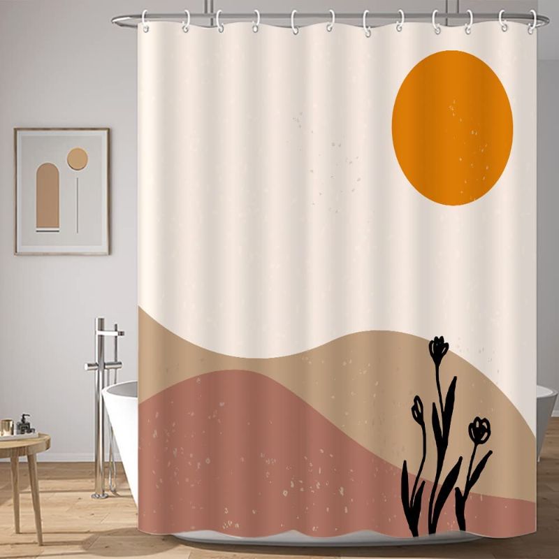Photo 1 of AOKE Mid Century Modern Sun Shower Curtain, Modern Abstract Minimalist Aesthetic Terracotta Leaf Shower Curtains Set for Bathroom with 12 Hooks, Weighted Hem, 72Wx72H Inches

