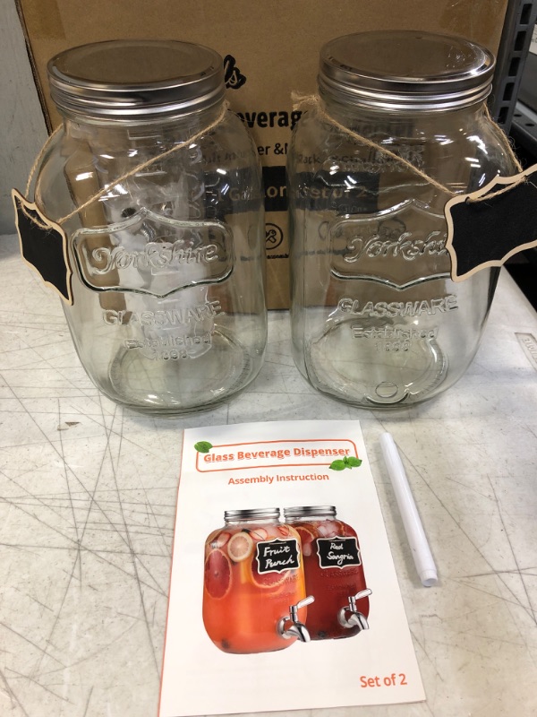 Photo 2 of 1 Gallon Glass Drink Dispensers for Parties With Fruit Infuser,Marker,Chalkboard,2 Pack Beverage Dispensers With Spigot Stainless Steel,Mason Jar Drink Dispensers With Lids,Laundry Detergent Dispenser