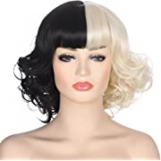 Photo 1 of AMZCOS Black and Light Blonde Wig for Womens Cosplay Costume Short Wavy Bob Synthetic Wigs with Bangs for Halloween Party
