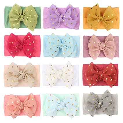 Photo 1 of 12pcs Baby Girl Nylon Headbands with Golden Dot Chiffon Bows Newborn Infant Toddler Hairbands for Child Babies Infant Toddlers Kids Hair Accessories (ML0804)