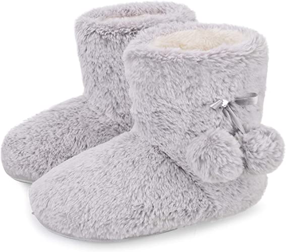 Photo 1 of DL Women's Cute Bootie Slippers Fluffy Plush Fleece Memory Foam Booties House Shoes Winter Booty Slippers with Pom Poms SIZE 9
