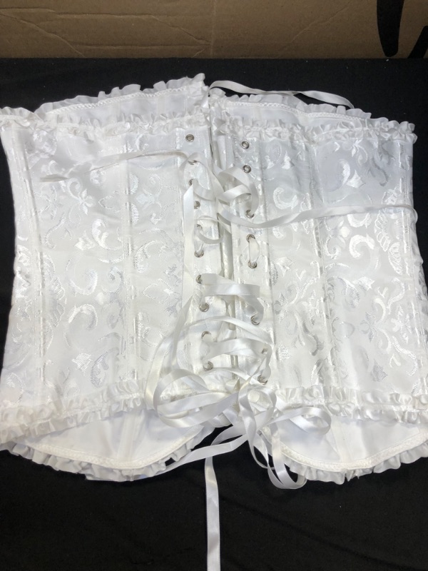 Photo 2 of Lace Up Boned Overbust Corset Blet Waist Trainer Bustier Lingerie Bodyshaper for Women Fishnet Stockings and Gloves X-Large White