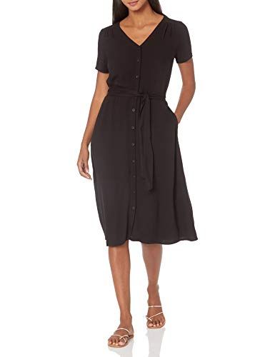 Photo 1 of Amazon Essentials Women's Short-Sleeve MIDI Button Front Tie Dress, Black, X-Large

