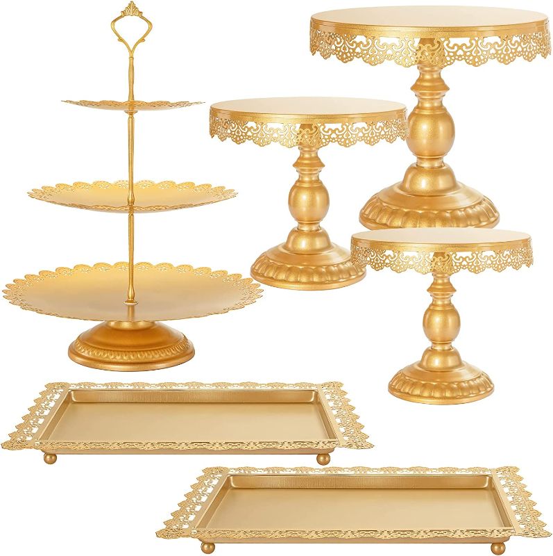 Photo 1 of ALEDO Cake Stand Set Gold Metal Antique-Inspired Cake Pop Stand Display Cupcake Tower Treats Contemporary Cakes Candy Station for Dessert Table Wedding Baby Shower Birthday Party Decor 6 Pcs
