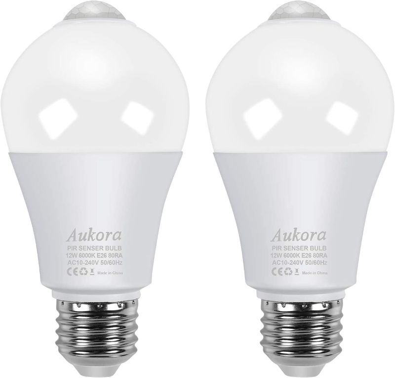 Photo 1 of Aukora Motion Sensor Light Bulbs, 12W (100-Watt Equivalent) E26 Motion Activated Dusk to Dawn Security Light Bulb Outdoor/Indoor for Front Door Porch Garage Basement Hallway Closet(Cold White 2 Pack)
