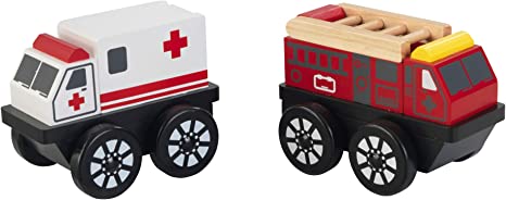Photo 1 of  Wooden 2-Piece Rescue Vehicle Play Set, Toy Ambulance and Fire Truck Cars, Gift for Ages