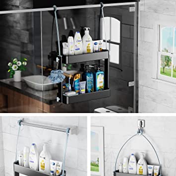 Photo 1 of ADOVEL Shower Caddy Hanging, 2 in 1 Shower Caddy Over Shower Head/Door, Sturdy Bathroom Shelf Organizer with Adjustable Height, No Rust, No Drilling, 4 Suction Cups for Bathroom Storage (Black)