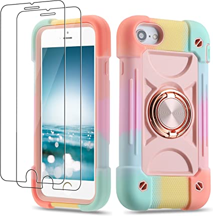 Photo 1 of Cookiver for iPhone Se3/iPhone Se2 Case,iPhone 6/6S Case,iPhone 7 Case/iPhone 8 Case 4.7 Inch with Ring Stand, with 2 Pack Screen Protector Heavy-Duty Military Grade Rugged Phone Cover (Rainbow Pink)