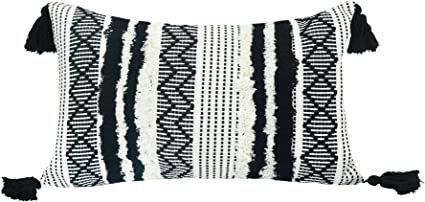 Photo 1 of  Decorative Boho Lumbar Pillow Covers, Black and White, 12x20 inch, Neutral Accent Rectangle Throw Pillow Covers, Hand-Woven Tufted Tassel Farmhouse Pillowcase for Couch Sofa Bed Living Room