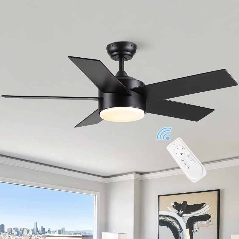 Photo 1 of 52 inch White Ceiling Fan with Light, Ceiling Fans with Lights and Remote, 5 Blades Wooden Reversible Modern Ceiling Fan with Lights for Bedroom, Living Room, Patios (indoor or covered outdoor) BLACK