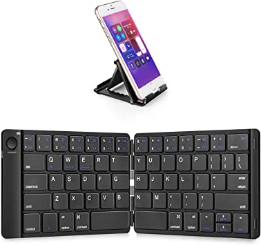 Photo 1 of JOYZY Portable Wireless Keyboard with Stand Holder, Rechargeable Full Size Ultra Slim Folding Keyboard Compatible IOS Android Windows Smartphone Tablet and Laptop-Black
