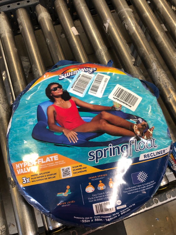 Photo 2 of SwimWays Spring Float Recliner Pool Lounger with Hyper-Flate Valve, Inflatable Pool Float, Blue Blue Recliner