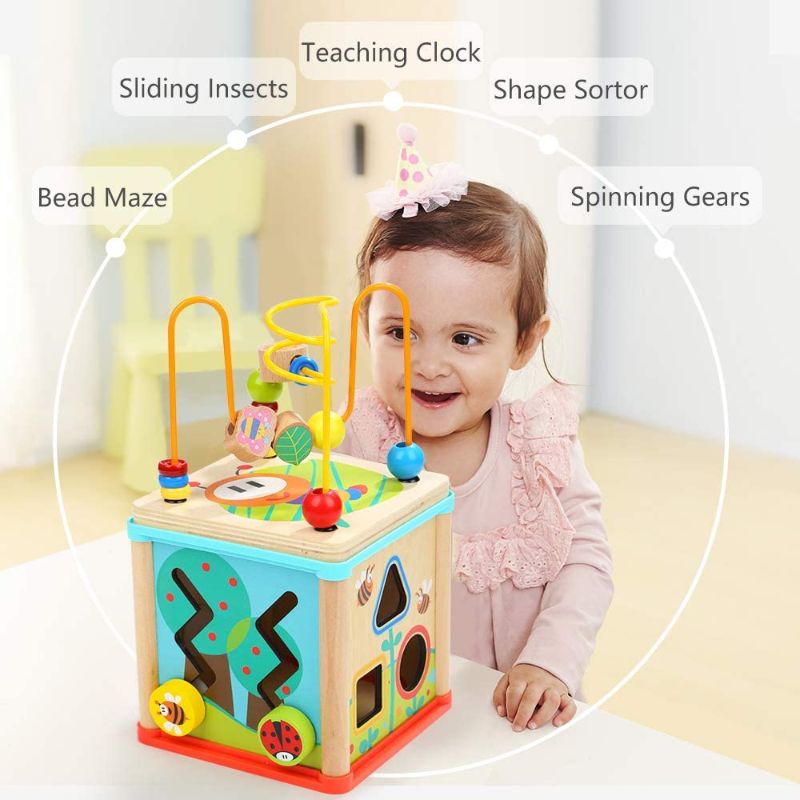 Photo 1 of  Activity Cube Toys for 1 Year Old Boy Girl, Montessori Wooden Toys for Toddlers, One Year Old First Birthday Gift, Baby Toy for 12-18 Months with Bead Maze Shape Sorter
