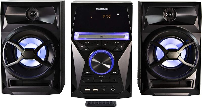 Photo 1 of Magnavox MM441 3-Piece CD Shelf System with Digital PLL FM Stereo Radio, Bluetooth Wireless Technology, and Remote Control in Black | Blue Colored Speaker Lights | LED Display | AUX Port Compatible |