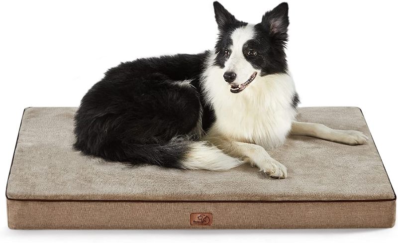 Photo 1 of Bedsure Large Orthopedic Dog Bed for Large Dogs - Memory Foam Waterproof Dog Bed Pillow for Crate with Removable Washable Cover and Nonskid Bottom - Plush Flannel Fleece Top Pet Bed, Khaki