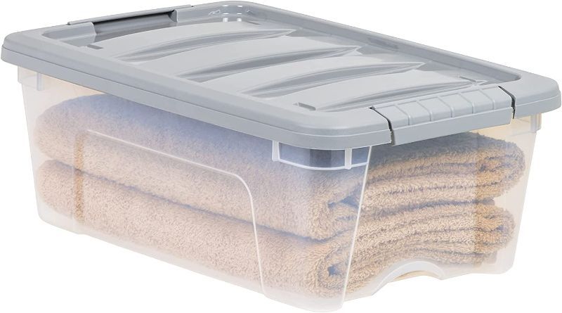 Photo 1 of Amazon Basics 12 Quart Stackable Plastic Storage Bins with Latching Lids- Clear/ Grey minor crack