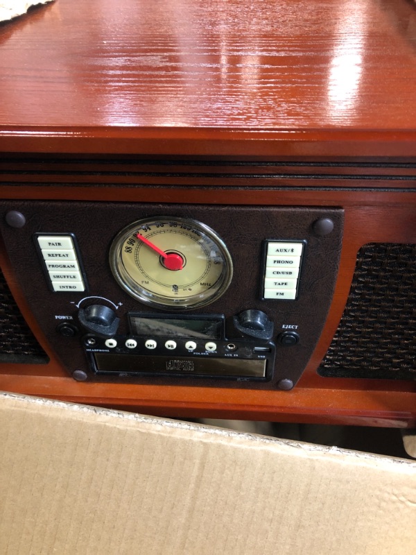 Photo 3 of Victrola Navigator 8-in-1 Classic Bluetooth Record Player with USB Encoding and 3-Speed Turntable Bundle with Victrola Wooden Stand for Wooden Music Centers with Record Holder Shelf, Mahogany UNABLE TO TEST FOR FUNCTIONALITY.