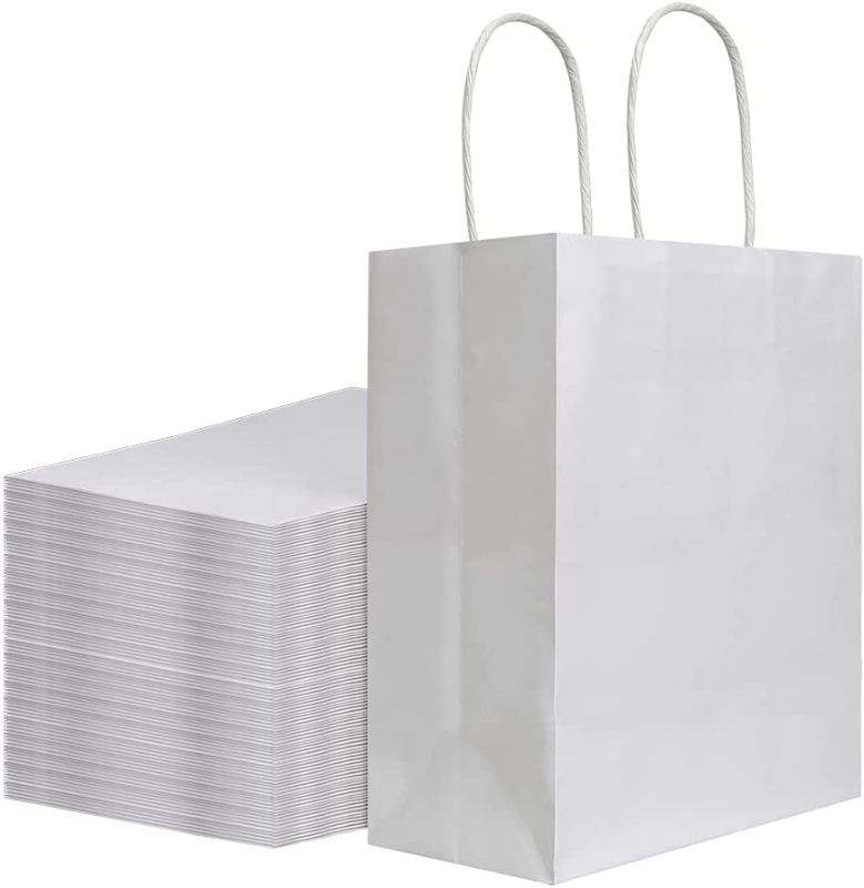Photo 1 of 100Pcs Pack 8x4.25x10 inch Medium White Kraft Paper Bags with Handles Bulk, Gift Bags, Craft Grocery Shopping Retail Birthday Party Favors Wedding Sacks Restaurant Takeout, Business (100)