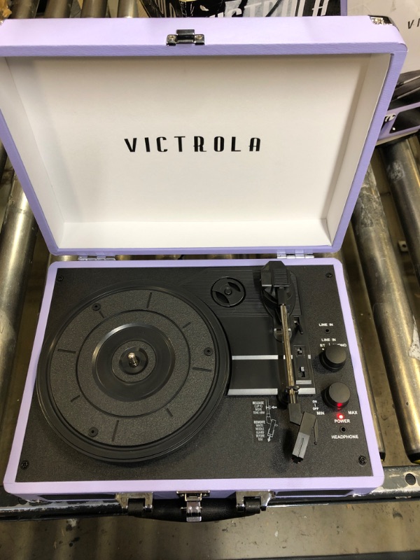 Photo 2 of Victrola Vintage 3-Speed Bluetooth Portable Suitcase Record Player with Built-in Speakers | Upgraded Turntable Audio Sound | Lavender (VSC-550BT-LVG) Lavender/Silver Record Player