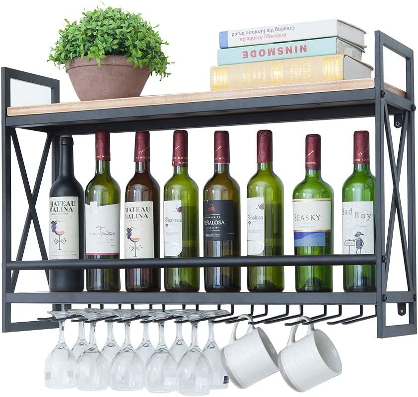 Photo 1 of (2 Tier - 31.5in - Black) Industrial Wine Rack Wall Mounted, Wall Wine Rack, Hanging Wine Rack, 100% Pine Solid Wood, 100% Galvanized Steel
