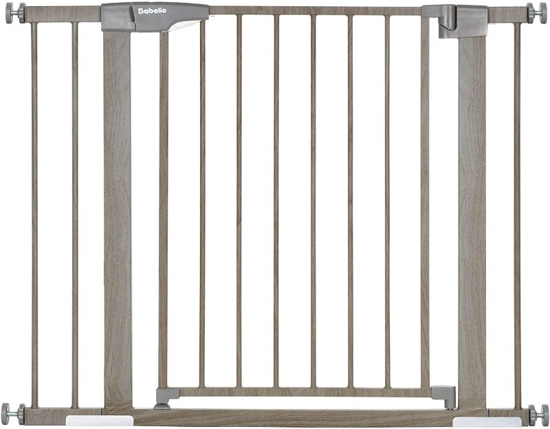 Photo 1 of Babelio Metal Baby Gate with Grey Wood Pattern, 29-40" Easy Install Pressure Mounted Dog Gate, No Drilling, No Tools Required, Ideal for Stairs and Doorways, with Wall Protectors and Extenders
