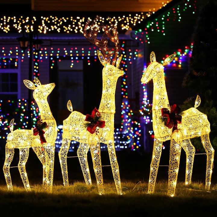 Photo 1 of 3-PCS Christmas Lighted Reindeer Family Christmas Decorations Deer for Outdoor Yard Christmas Glowing Decoration with 230 LED Lights, Battery Box, Plug, Ground Stakes
